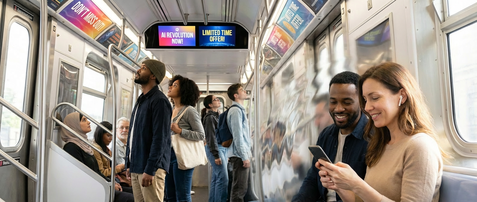 Subway passengers distracted by AI hype ads while two readers stay focused on their phone