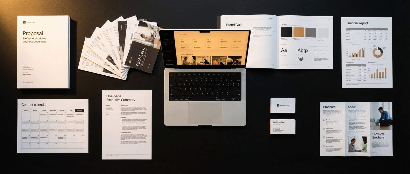 Professional deliverables radiating from a laptop on a dark desk