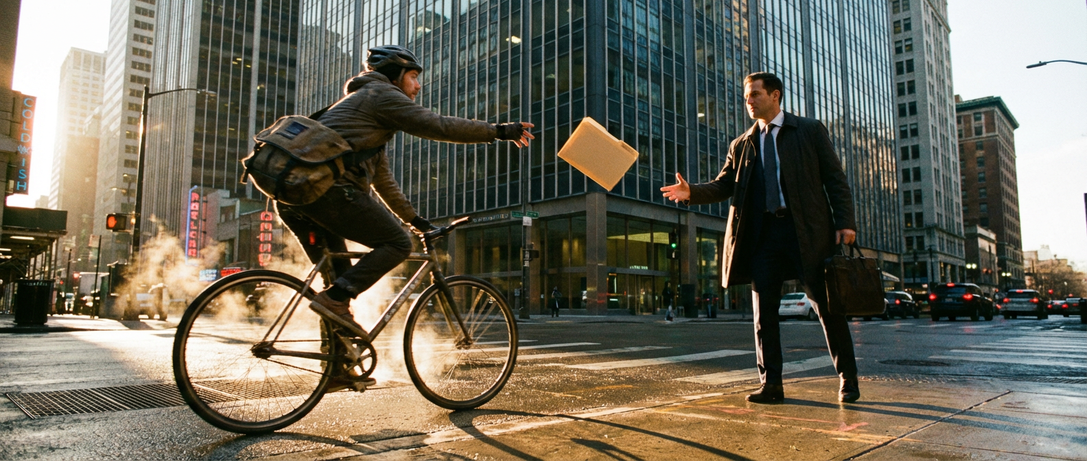 Bike messenger delivering a folder to a businessperson on a city street